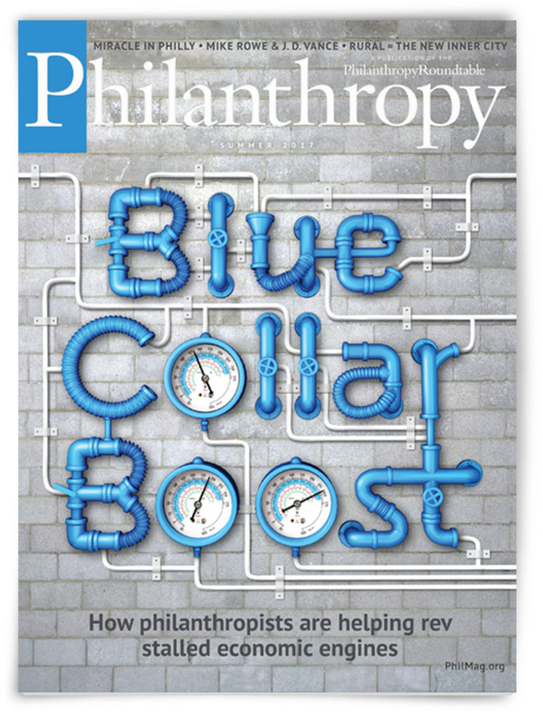 Cover of 2017 summer issue, 'Blue Collar Boost' spelled out with blue water pipes.