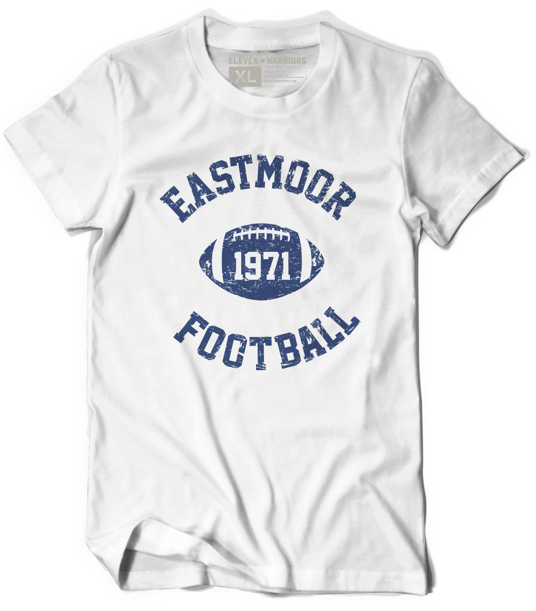 white tshirt with 'Eastmoor Football 1971' in blue type